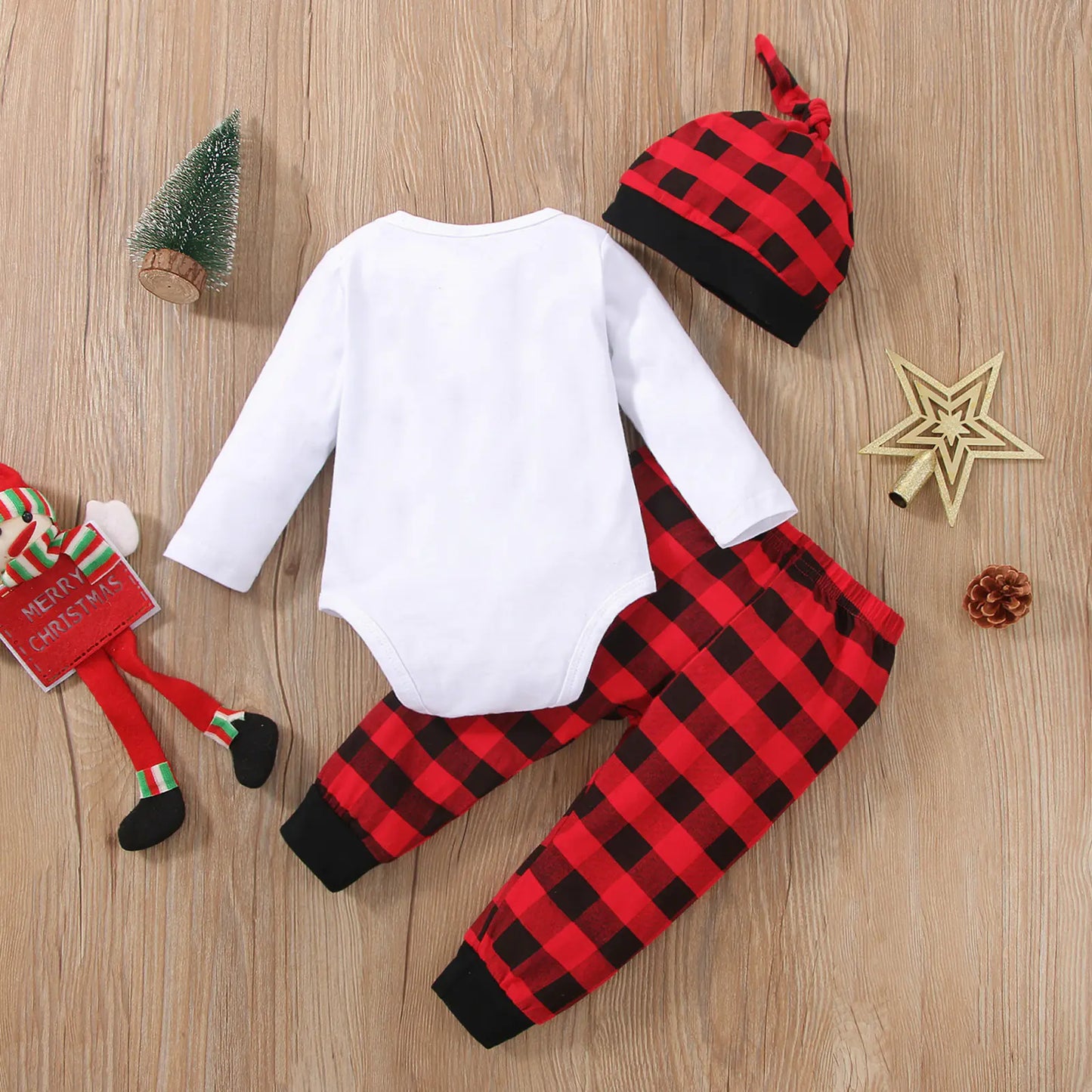 Boys' Christmas Tree Checkered Pants Outfit Set
