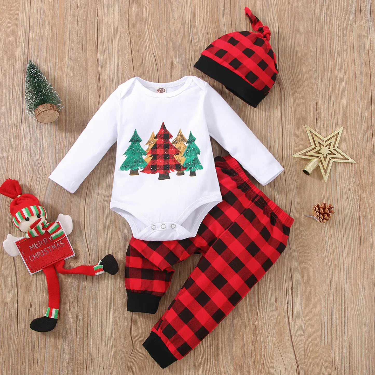 Boys' Christmas Tree Checkered Pants Outfit Set