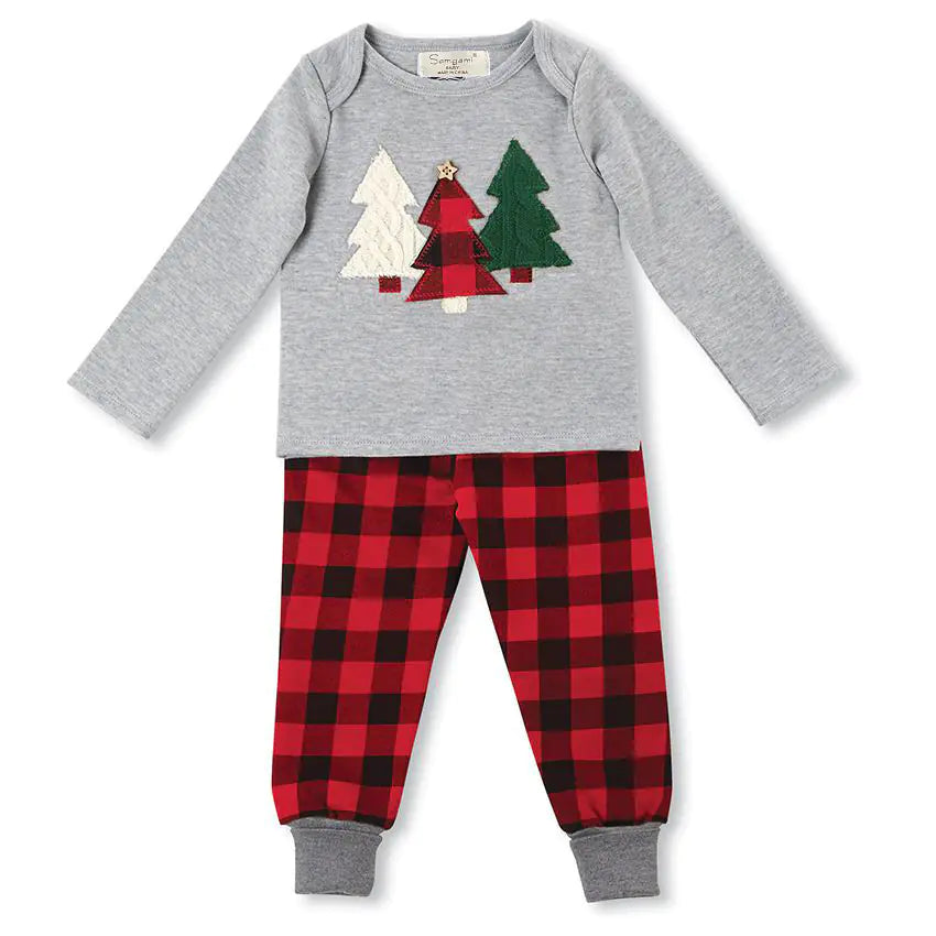 Boys' Christmas Tree Checkered Pants Outfit Set